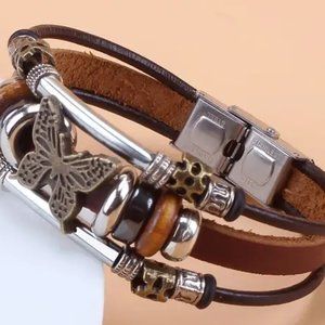 Boho style leather bracelet with bronze butterfly and silver beads